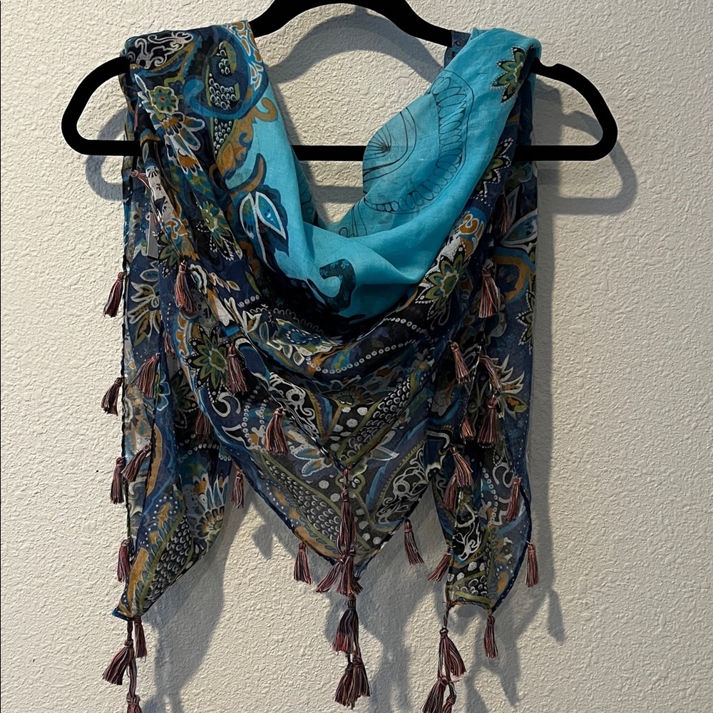 Bohemian Floral Patterned Blue and Black Square Fringed Scarf / Wrap
OS